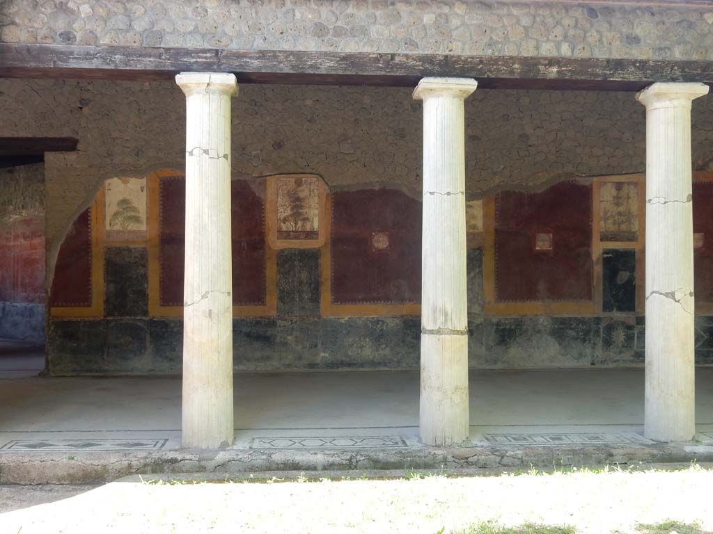 Villa San Marco, Stabiae, June 2019. Portico 20, east wall in north-east corner, with doorway to corridor 32, on left.
Photo courtesy of Buzz Ferebee