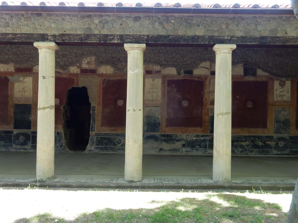 Villa San Marco, Stabiae, June 2019. Portico 20, looking towards east wall.
The hole in the wall leads into the kitchen, room 26, and is a remnant of the 18th century tunnelling during the Bourbon excavation.
Photo courtesy of Buzz Ferebee
