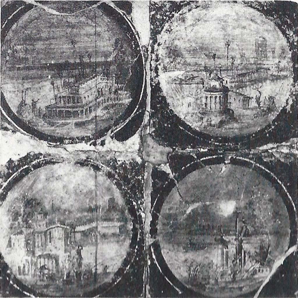 Villa San Marco, Stabiae. Four medallions showing villas in maritime settings, from room 20.
Now in Naples Archaeological Museum. Inventory number 9409.