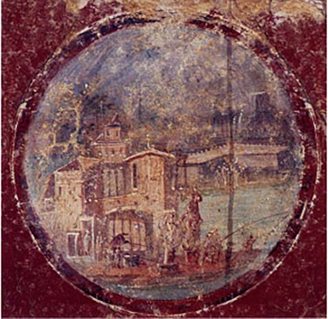 Villa San Marco, Stabiae. Room 20, east wall.
One of the medallions now in Naples Archaeological Museum, part of inventory number 9409.