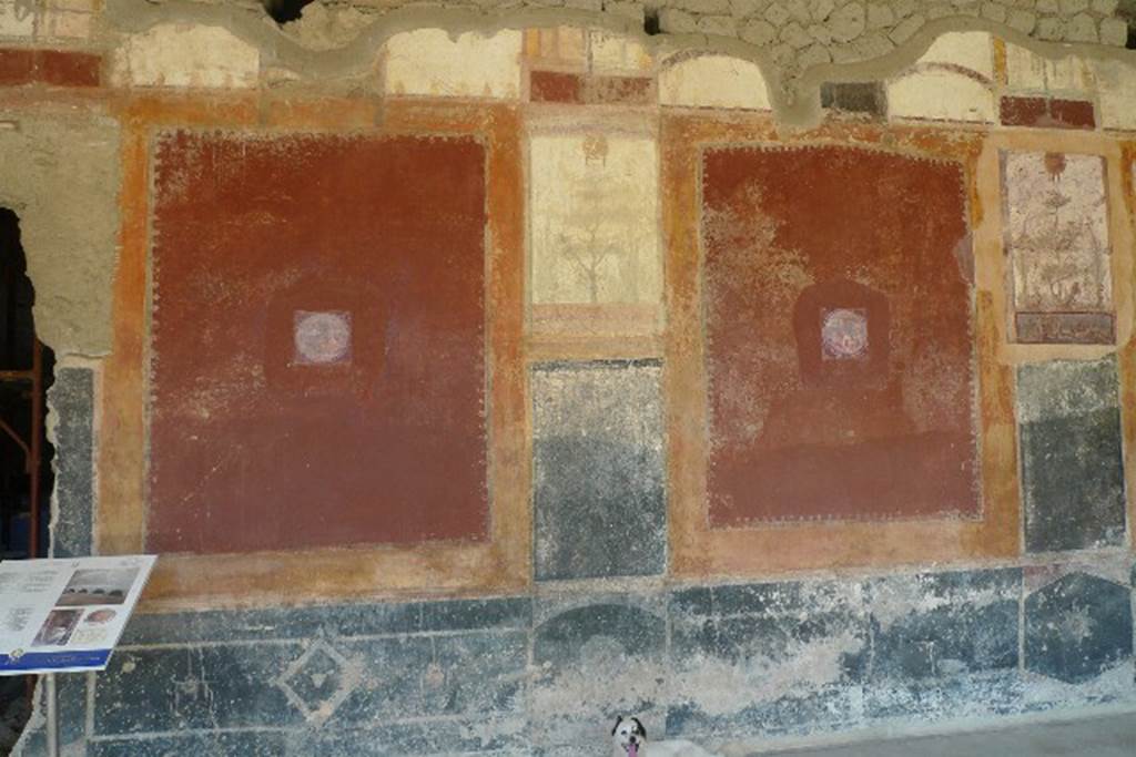 Castellammare di Stabia, Villa San Marco, July 2010. Room 20, east wall.
The reproduction medallion of a maritime scene (left) replaces one now in Naples Archaeological Museum, inventory number 9408A. The reproduction medallion of a maritime scene (right) replaces one now in Naples Archaeological Museum, inventory number 9408B. Photo courtesy of Michael Binns.