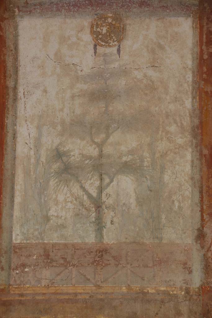 Villa San Marco, Stabiae, September 2019.
Room 20, east wall, detail of fresco on painted panel, on the right of the 18th century hole. Photo courtesy of Klaus Heese.