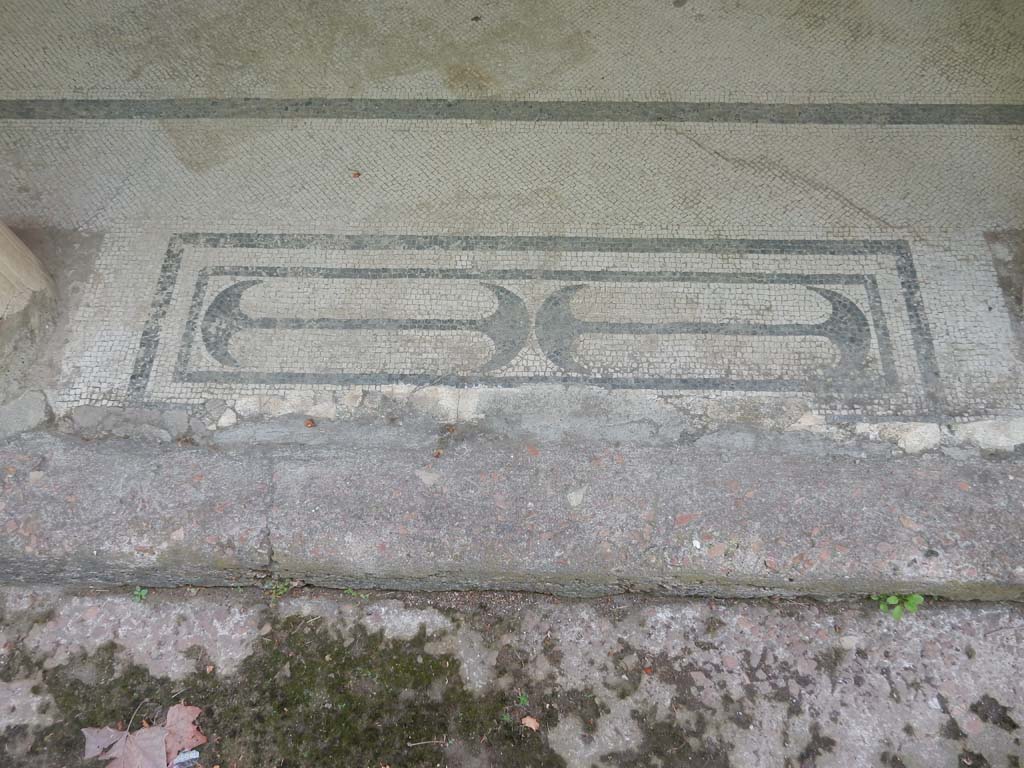 Villa San Marco, Stabiae, June 2019. Mosaic threshold between columns of east portico 20, number 7 of 11.
Photo courtesy of Buzz Ferebee