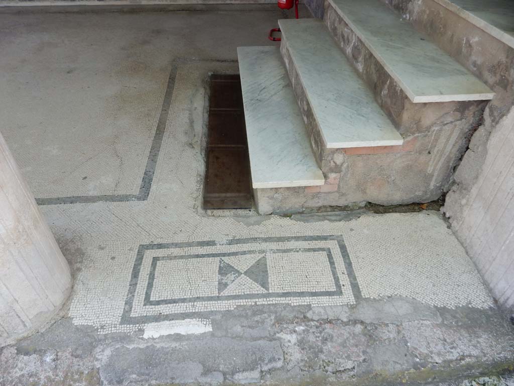 Villa San Marco, Stabiae, June 2019. Portico 20, south end, mosaic threshold between columns, and steps to room 30.
Photo courtesy of Buzz Ferebee