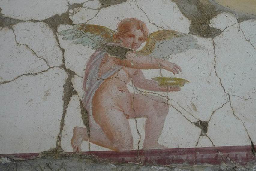 Castellammare di Stabia, Villa San Marco, July 2010. Room 30, east wall in north-east corner, above doorway to room 50. Painting of kneeling Eros holding a dish. Photo courtesy of Michael Binns.