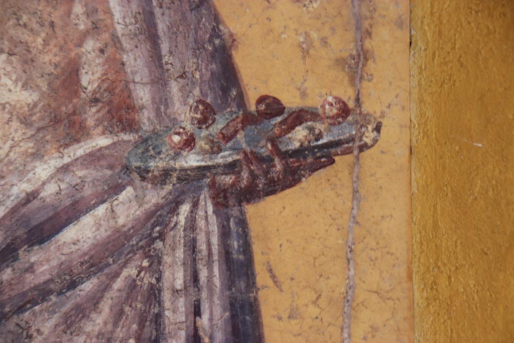 Villa San Marco, Stabiae, October 2022.
Room 50, detail of plate held in left hand of painted figure from east end of north wall. Photo courtesy of Klaus Heese.