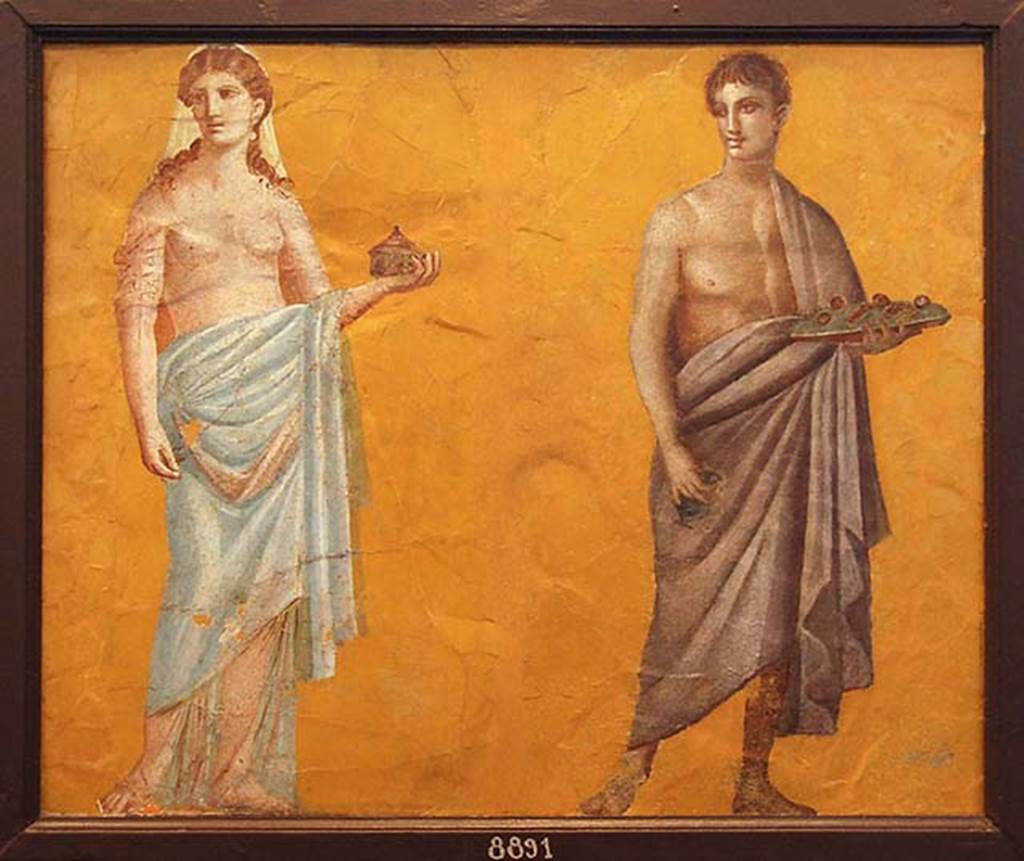 Villa San Marco, Stabiae, Room 50, painted figures carrying offerings.
Now in Naples Archaeological Museum. Inventory number 8891.