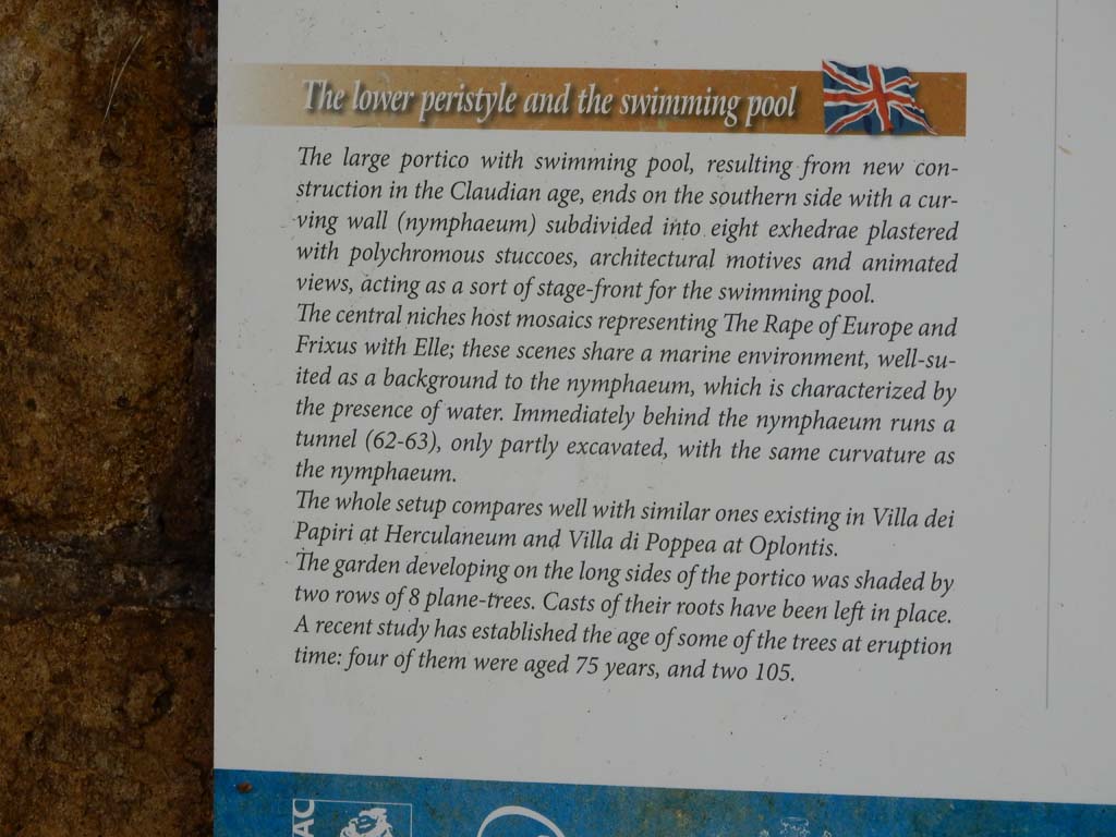 Villa San Marco, Stabiae, June 2019. Lower peristyle and swimming pool information card.
Photo courtesy of Buzz Ferebee