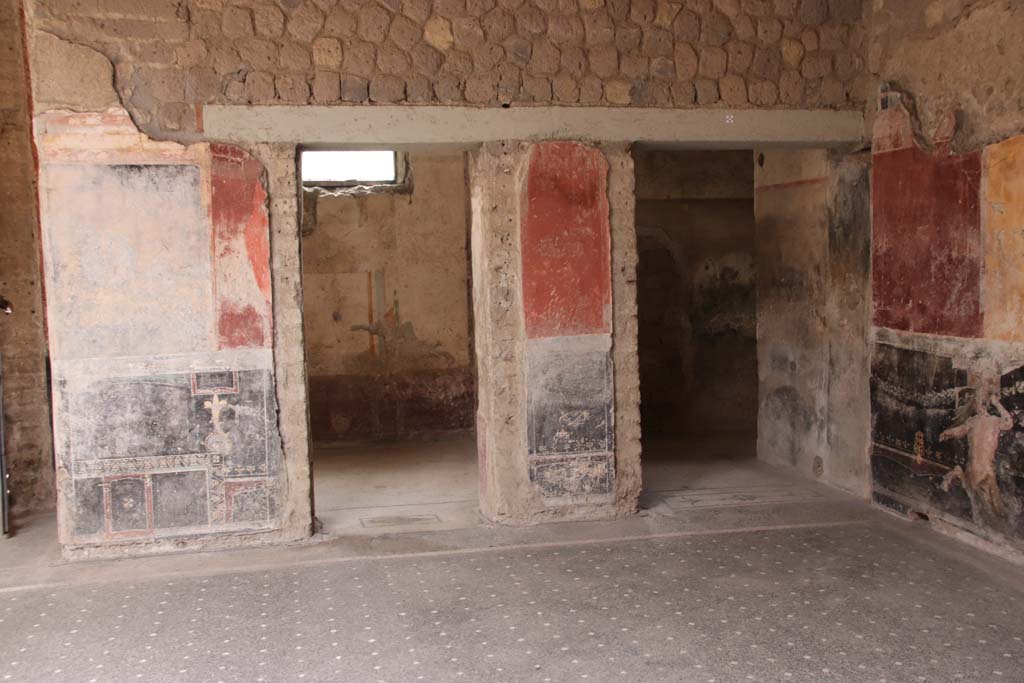 Villa San Marco, Stabiae, September 2019.
Room 44, south-west corner of the atrium with doorways to room 57, and corridor 49, on right. Photo courtesy of Klaus Heese.