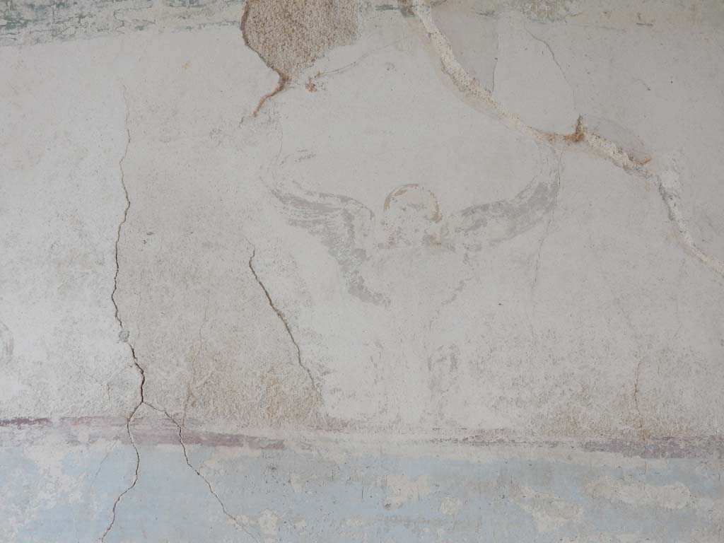 Villa San Marco, Stabiae, June 2019. Room 57, detail from above central panel on west wall.
Photo courtesy of Buzz Ferebee