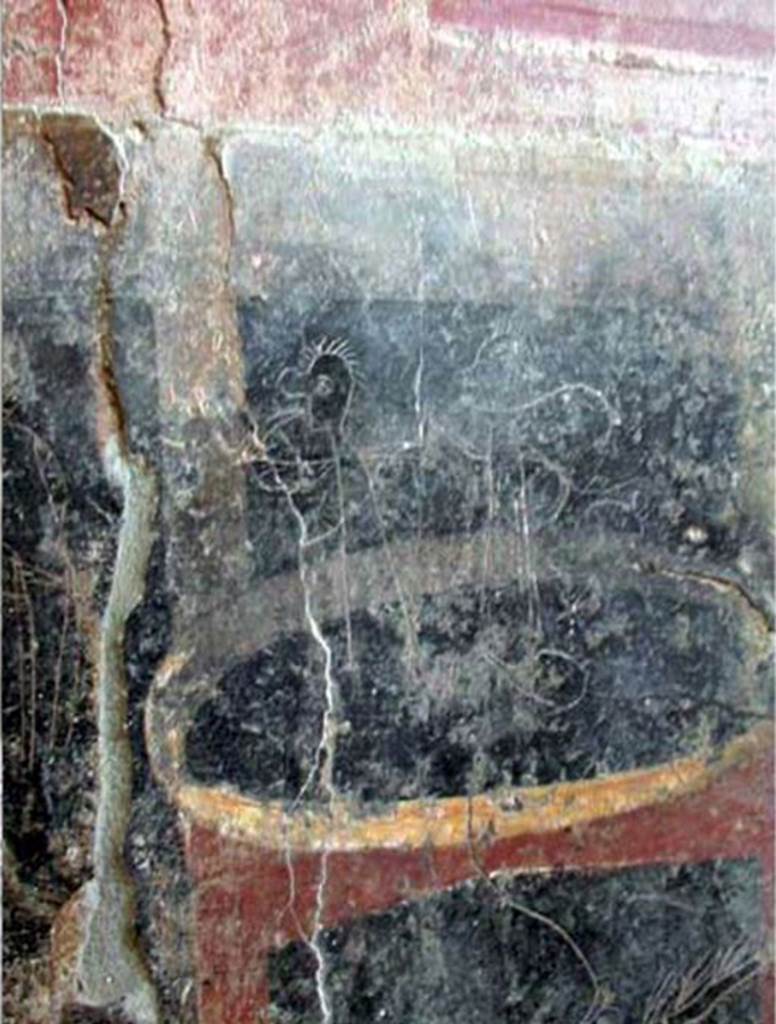 Villa San Marco, Stabiae, December 2006. Corridor 32, graffito on zoccolo at south end of the west wall.
Photo courtesy of Buzz Ferebee.