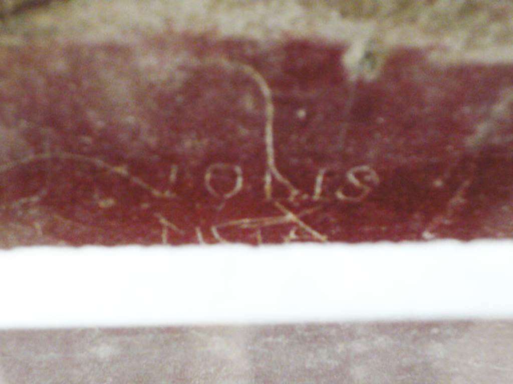 Villa San Marco, Stabiae, 2010. Corridor 32, north side pluteus, graffiti between second and third columns. Photo courtesy of Buzz Ferebee.
According to Varone, this reads
VOBIS
PICTA
See Varone A., in Barbet A. (a cura di), 1999. La Villa San Marco di Stabia: Testo. Roma, L’Erma di Bretschneider, no. 52; p. 351, figs. 731 and 740.