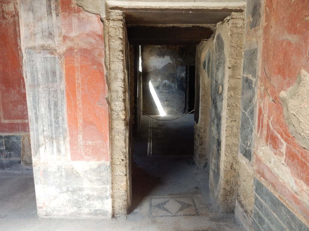 Villa San Marco, Stabiae, June 2019. Room 25, doorway in west wall in north-west corner, into vestibule leading to room 23.
Photo courtesy of Buzz Ferebee