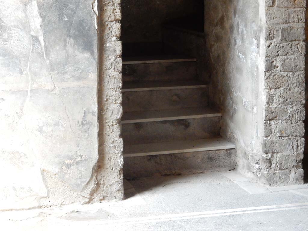 Villa San Marco, Stabiae, June 2019. Room 23, steps to upper floor, numbered 33 on plan.
Photo courtesy of Buzz Ferebee