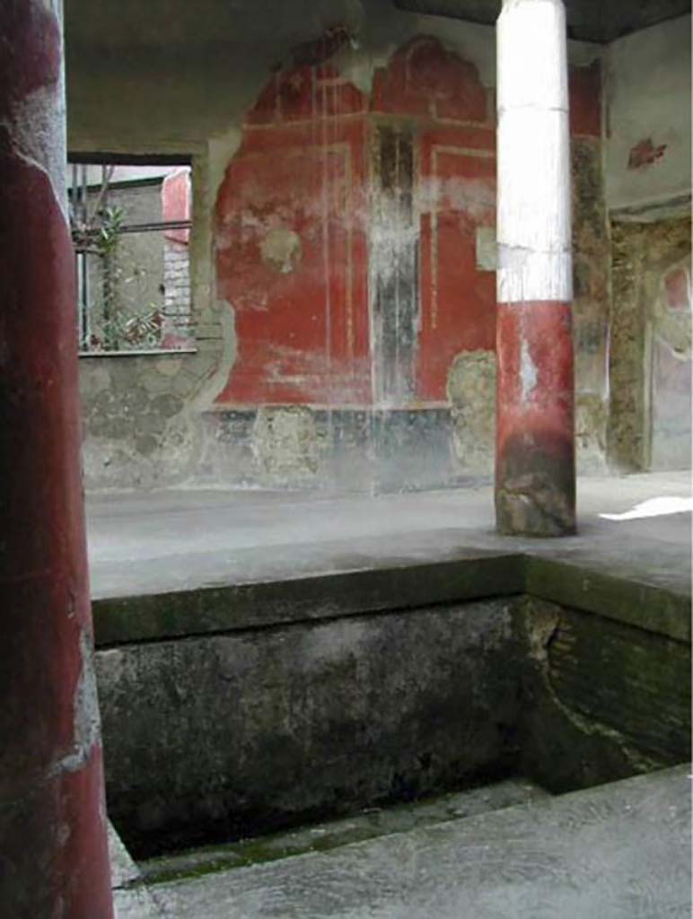 Villa San Marco, Stabiae, December 2007.
Room 25, looking across impluvium or pool in tetrastyle atrium of baths area.
Villa San Marco 200712 Card 16 023