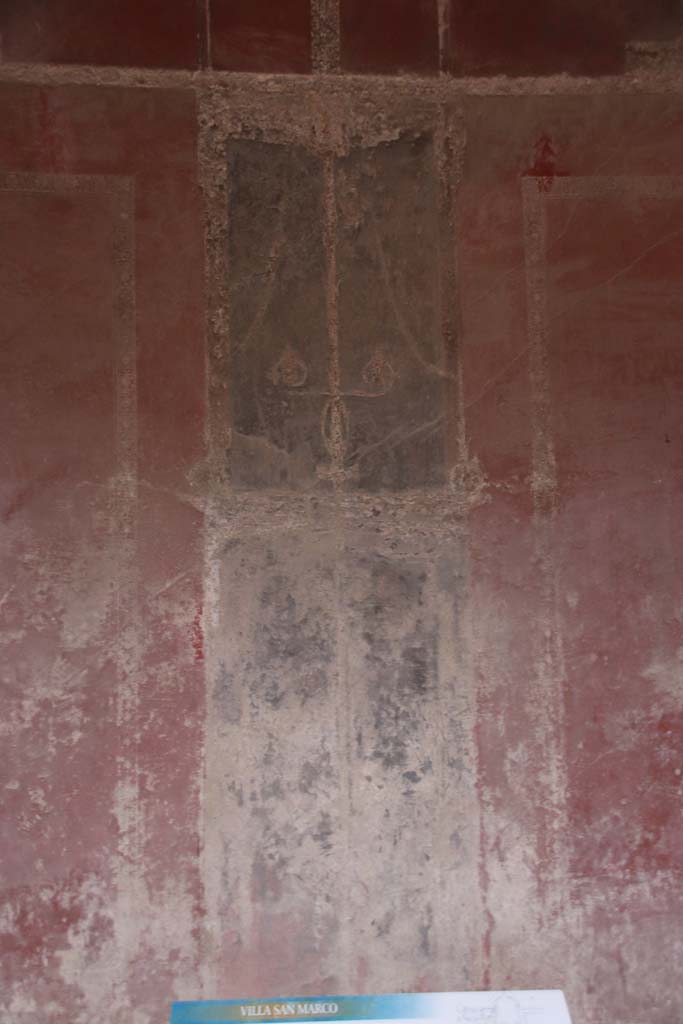 Villa San Marco, Stabiae, September 2019. Room 25, painted decoration in centre of rear east wall of alcove.
Photo courtesy of Klaus Heese.