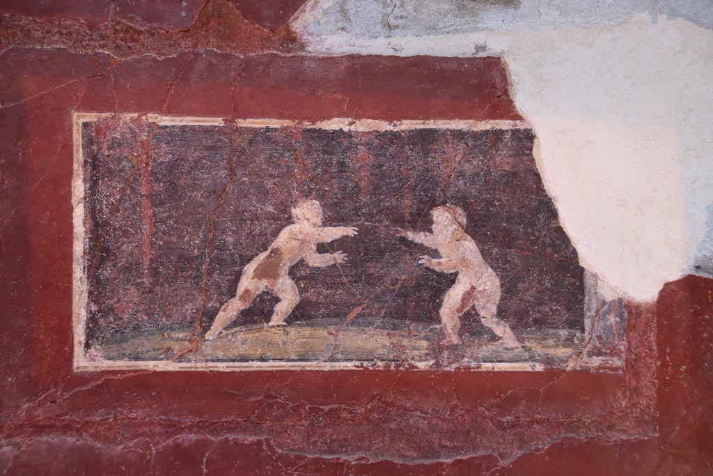 Villa San Marco, Stabiae, October 2022.
Room 25, detail of painted panel of two cupids wrestling, from east end of north wall. Photo courtesy of Klaus Heese.
(Note: in the photo above this (September 2019), this panel had not been re-inserted into the wall yet).