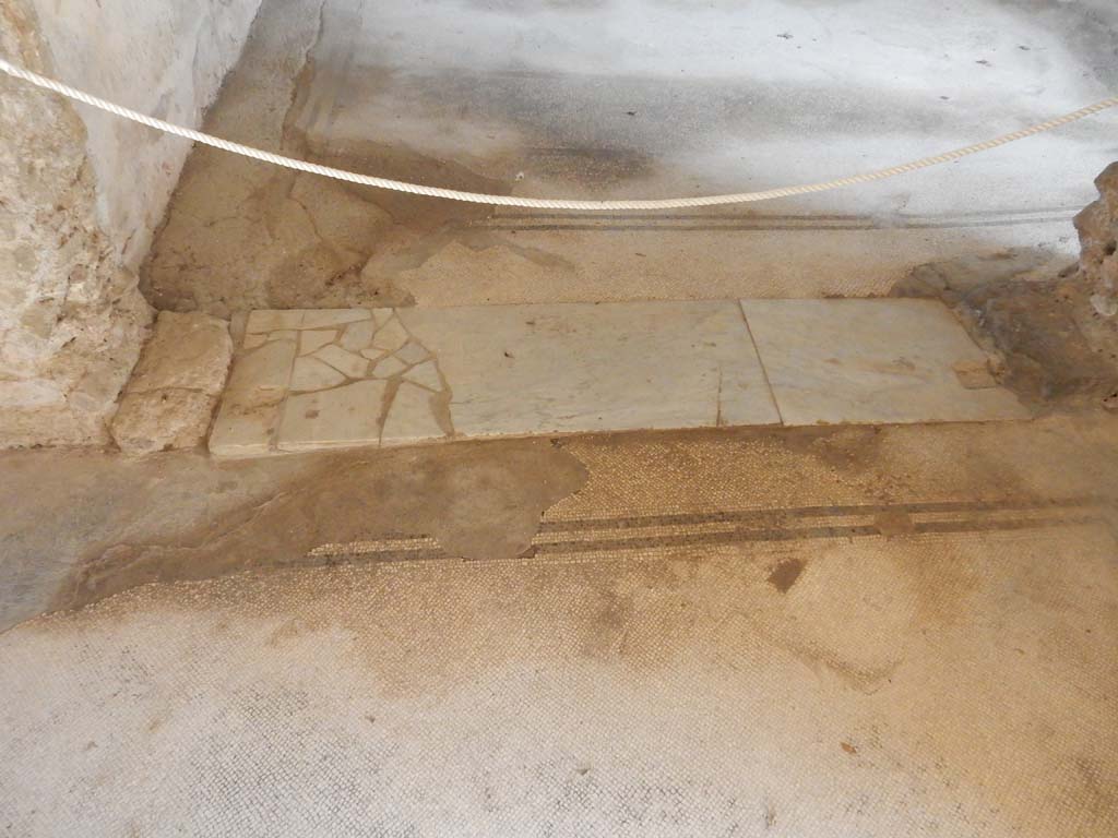 Villa San Marco, Stabiae, June 2019. Room 35, lower mosaic flooring, threshold to room 48, and its mosaic flooring, above threshold.
Photo courtesy of Buzz Ferebee