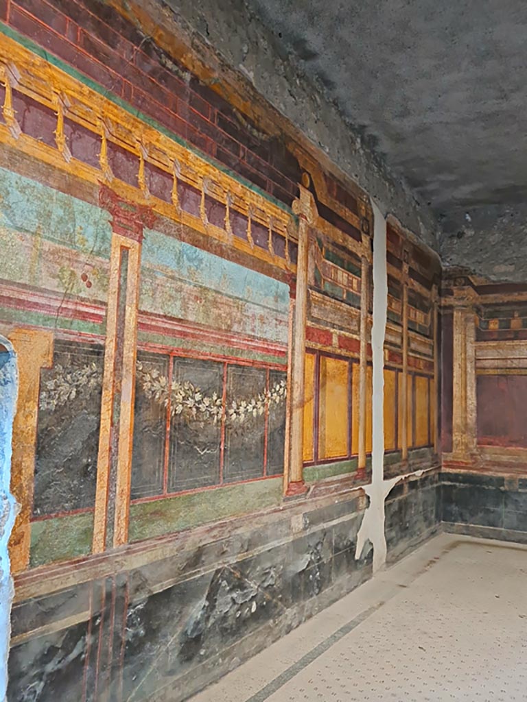 Villa of Mysteries, Pompeii. November 2023.
Room 6, looking north along west wall. Photo courtesy of Giuseppe Ciaramella.