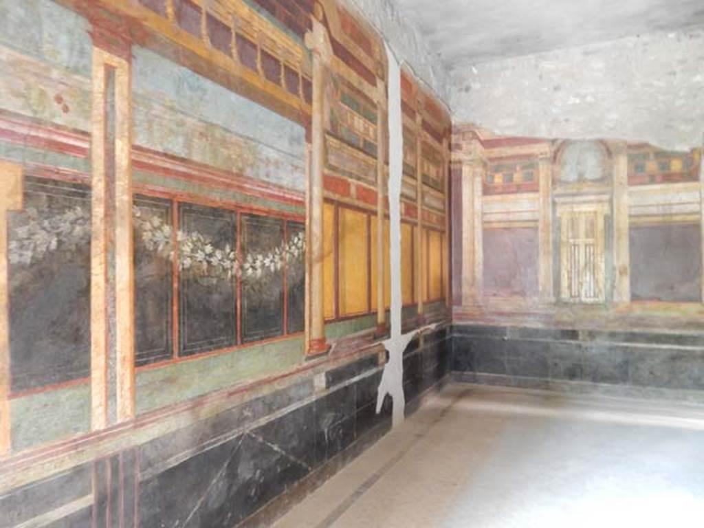 Villa of Mysteries, Pompeii. May 2015. Room 6, looking north along west wall.
Photo courtesy of Buzz Ferebee.