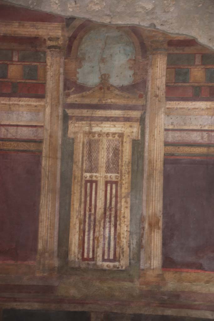 Villa of Mysteries, Pompeii. September 2021.
Room 6, detail of painted doorway on north wall in oecus. Photo courtesy of Klaus Heese.