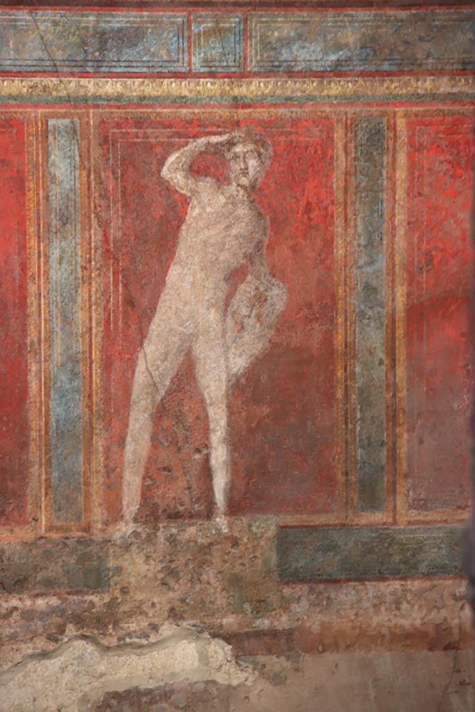 Pompeii. Villa of Mysteries. May 2024.
Room (4), west wall in north-west corner. Photo courtesy of Klaus Heese.