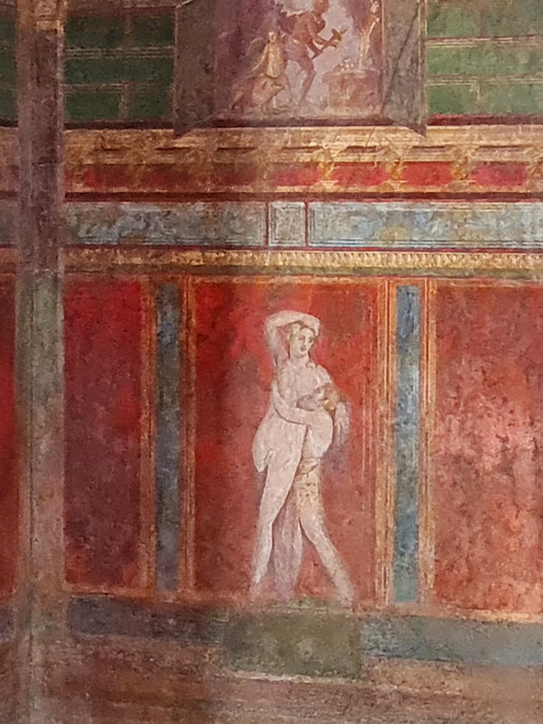 Villa of Mysteries, Pompeii. November 2023.
Room 4, wall paintings on east wall in north-east corner. Photo courtesy of Giuseppe Ciaramella.