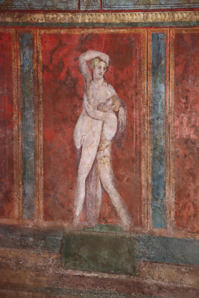 Villa of Mysteries, Pompeii. May 2024.
Room 4, detail of wall painting of Dionysus and Silenus, on east wall in north-east corner.
Photo courtesy of Klaus Heese.