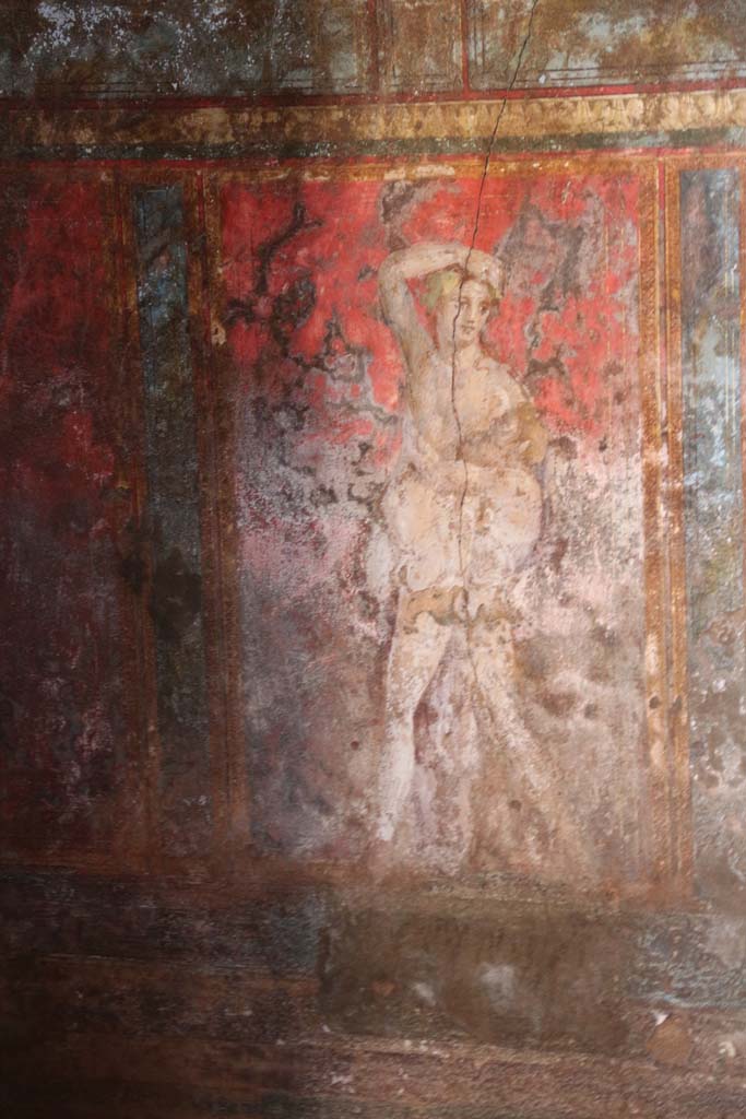Villa of Mysteries, Pompeii. April 2014.
Room 4, detail of wall painting of Dionysus and Silenus, on east wall in north-east corner.
Photo courtesy of Klaus Heese.