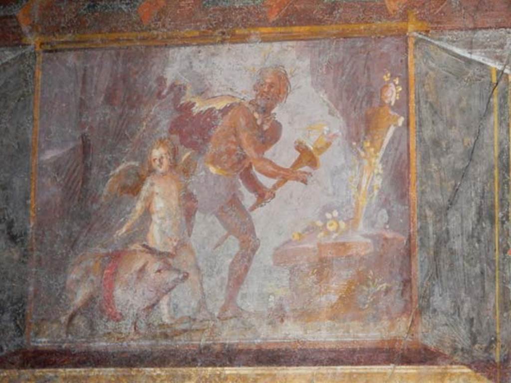 Villa of Mysteries, Pompeii. May 2015. Room 4, upper wall, north-east corner with painting of sacrifice of a pig to Priapus. Photo courtesy of Buzz Ferebee.