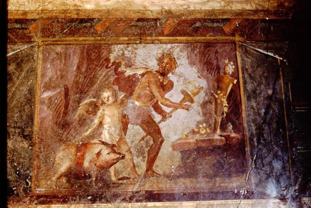 Villa of Mysteries, Pompeii. 1961. Room 4, upper wall, north-east corner with painting of sacrifice of a pig to Priapus. Photo by Stanley A. Jashemski.
Source: The Wilhelmina and Stanley A. Jashemski archive in the University of Maryland Library, Special Collections (See collection page) and made available under the Creative Commons Attribution-Non Commercial License v.4. See Licence and use details.
J61f0608