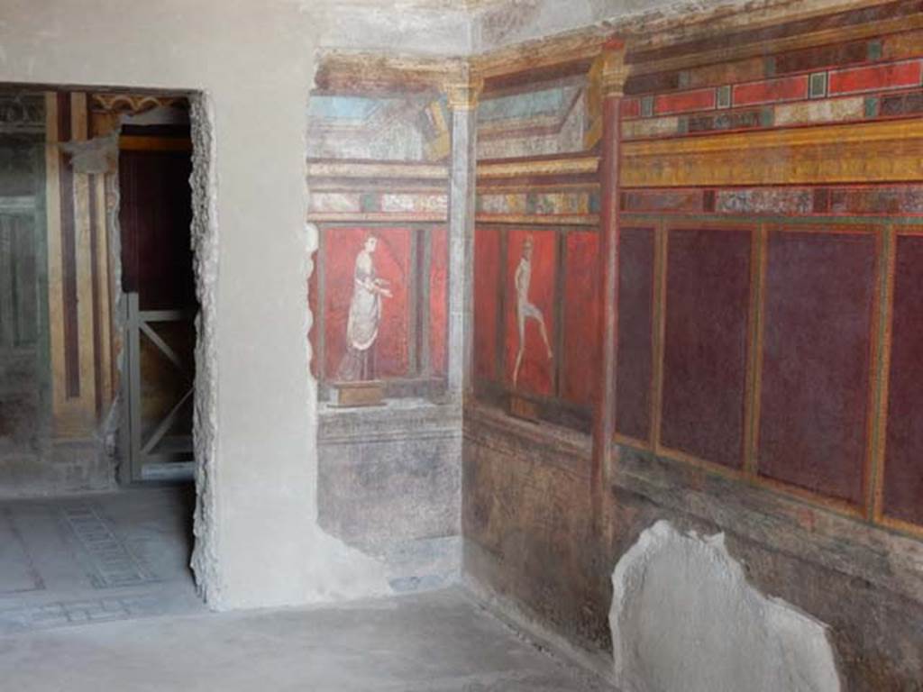 Villa of Mysteries, Pompeii. May 2015. Room 4, looking towards the south-east corner, with doorway to room 3, on left. Photo courtesy of Buzz Ferebee.