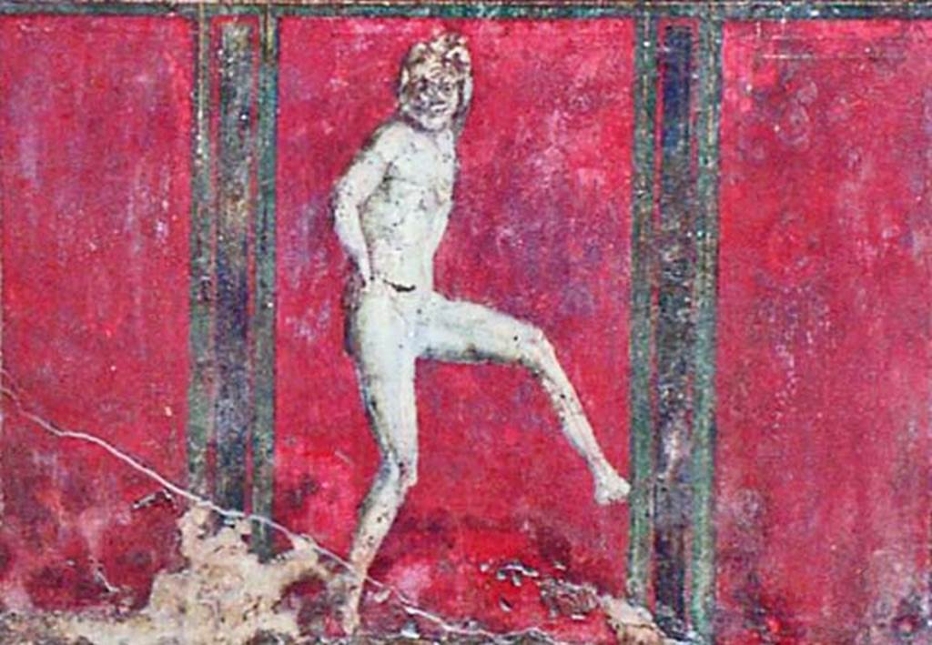 Villa of Mysteries, Pompeii. October 2001. Room 4, dancing satyr on south wall.
Photo courtesy of Peter Woods.