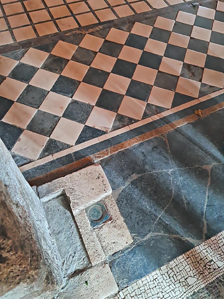 Villa of Mysteries, Pompeii. November 2023.
Room 5, detail of north end of doorway threshold from portico P2. Photo courtesy of Giuseppe Ciaramella.