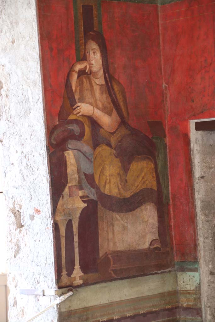 Villa of Mysteries, Pompeii. September 2021.
Room 5, painting on west wall in north-west corner. Photo courtesy of Klaus Heese.