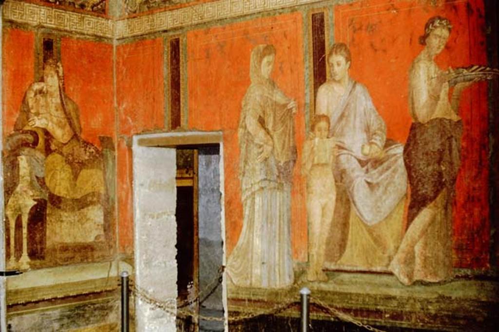 Villa of Mysteries, Pompeii. 1961. Room 5, north-west corner. Photo by Stanley A. Jashemski.
Source: The Wilhelmina and Stanley A. Jashemski archive in the University of Maryland Library, Special Collections (See collection page) and made available under the Creative Commons Attribution-Non Commercial License v.4. See Licence and use details.
J61f0444