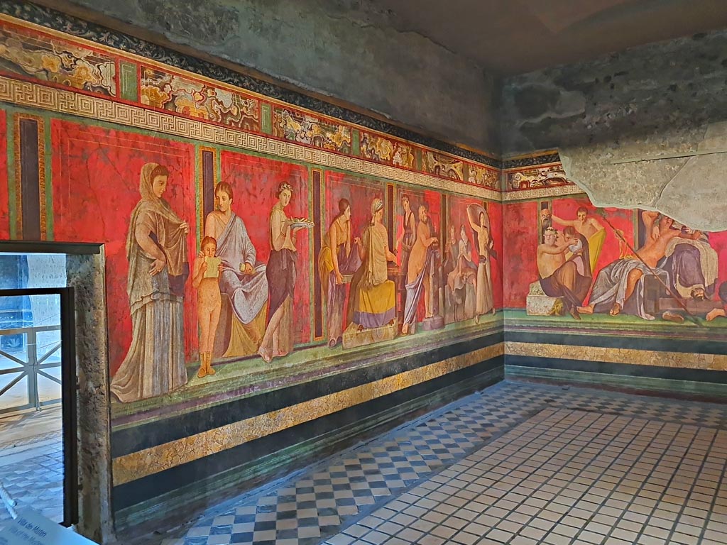 Villa of Mysteries, Pompeii. November 2023.
Room 5, looking east along north wall towards north-east corner. Photo courtesy of Giuseppe Ciaramella.