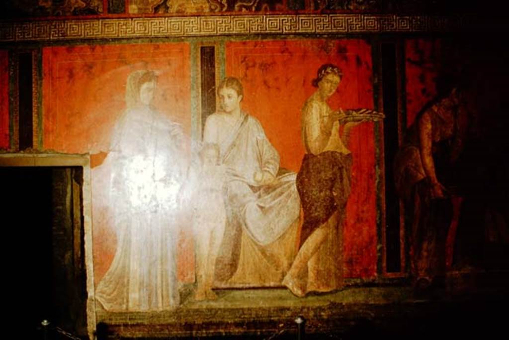 Villa of Mysteries, Pompeii. 1957. Room 5, detail from north wall. Photo by Stanley A. Jashemski.
Source: The Wilhelmina and Stanley A. Jashemski archive in the University of Maryland Library, Special Collections (See collection page) and made available under the Creative Commons Attribution-Non Commercial License v.4. See Licence and use details.
J57f0374