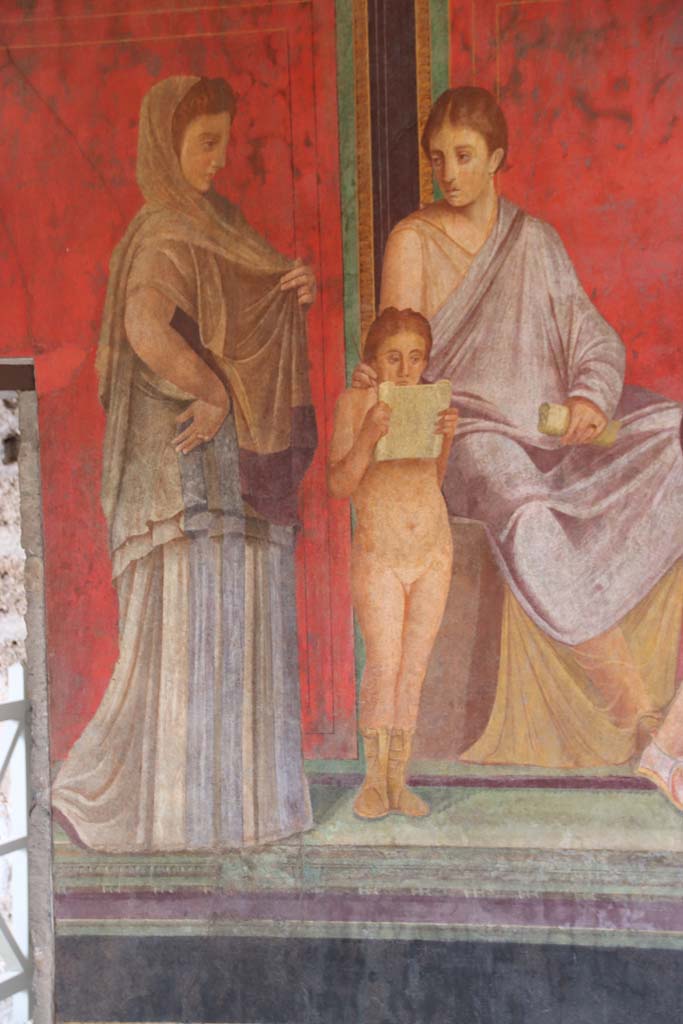 Villa of Mysteries, Pompeii. September 2021.
Room 5, The reading of the liturgy of the ritual, detail from north wall.
Photo courtesy of Klaus Heese.