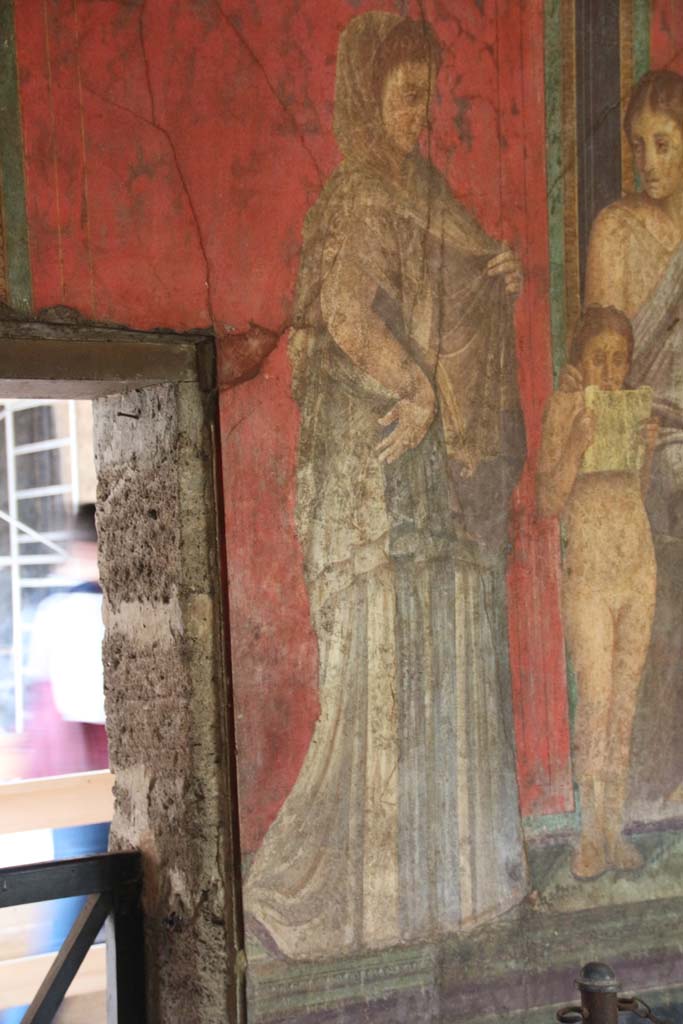 Villa of Mysteries, Pompeii. April 2014. Room 5, detail from north wall.
Photo courtesy of Klaus Heese.
