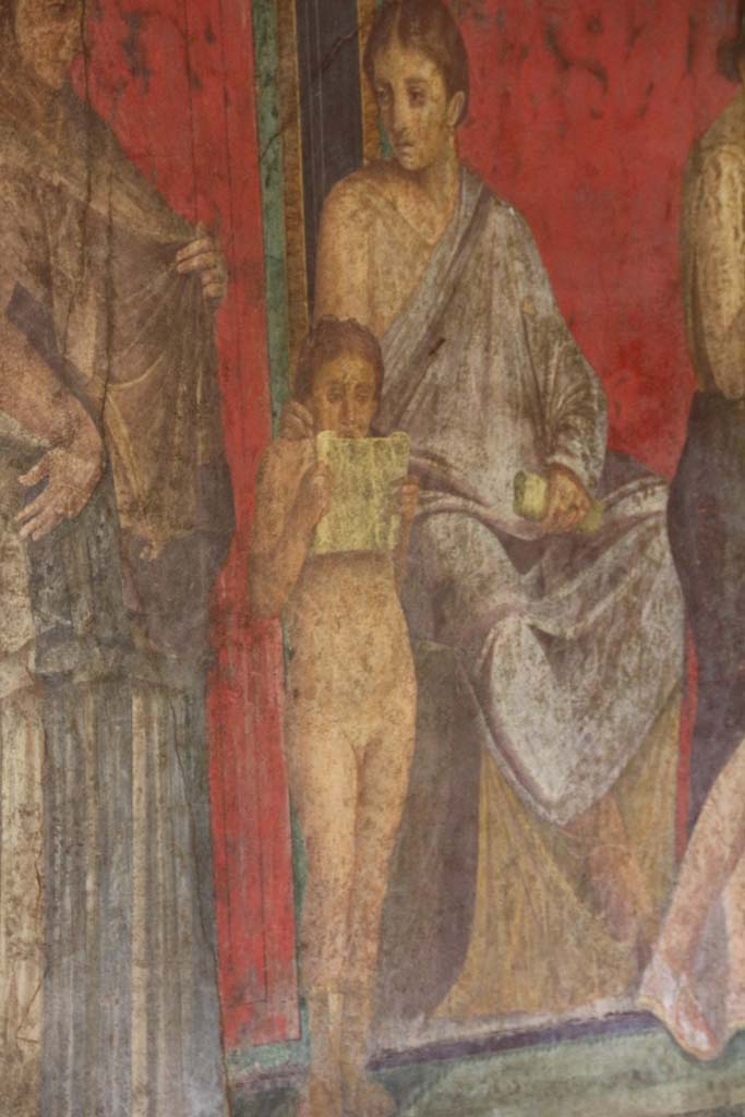Villa of Mysteries, Pompeii. April 2014. Room 5, detail from north wall.
Photo courtesy of Klaus Heese.