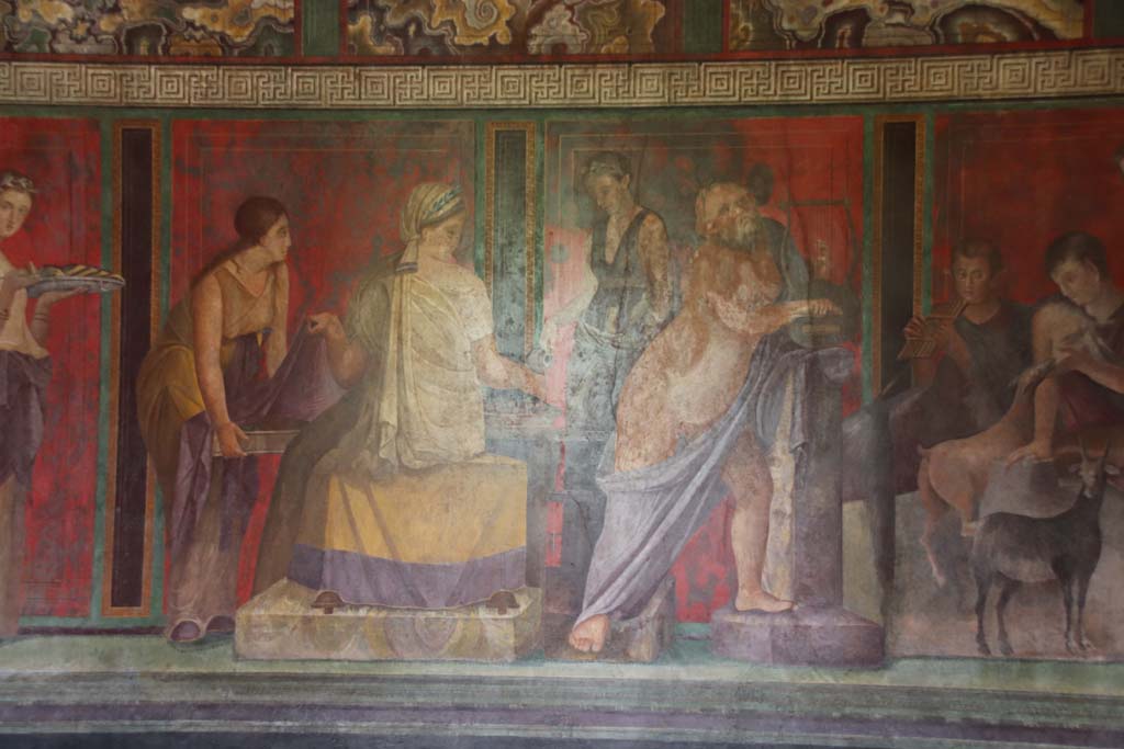 Villa of Mysteries, Pompeii. September 2021.
Room 5, the preparation of a ritual meal for the deity, detail from north wall.
Photo courtesy of Klaus Heese.