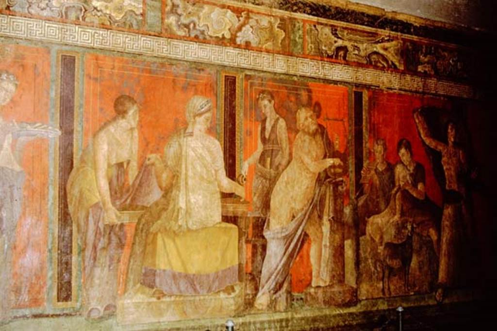 Villa of Mysteries, Pompeii. 1961. Room 5, north wall. Photo by Stanley A. Jashemski.
Source: The Wilhelmina and Stanley A. Jashemski archive in the University of Maryland Library, Special Collections (See collection page) and made available under the Creative Commons Attribution-Non Commercial License v.4. See Licence and use details.
J61f0445