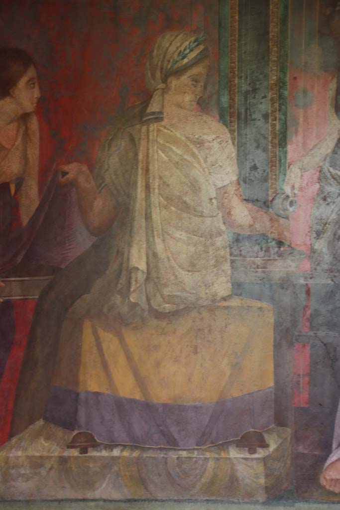 Villa of Mysteries, Pompeii. September 2021.
Room 5, detail of figure from north wall. Photo courtesy of Klaus Heese.