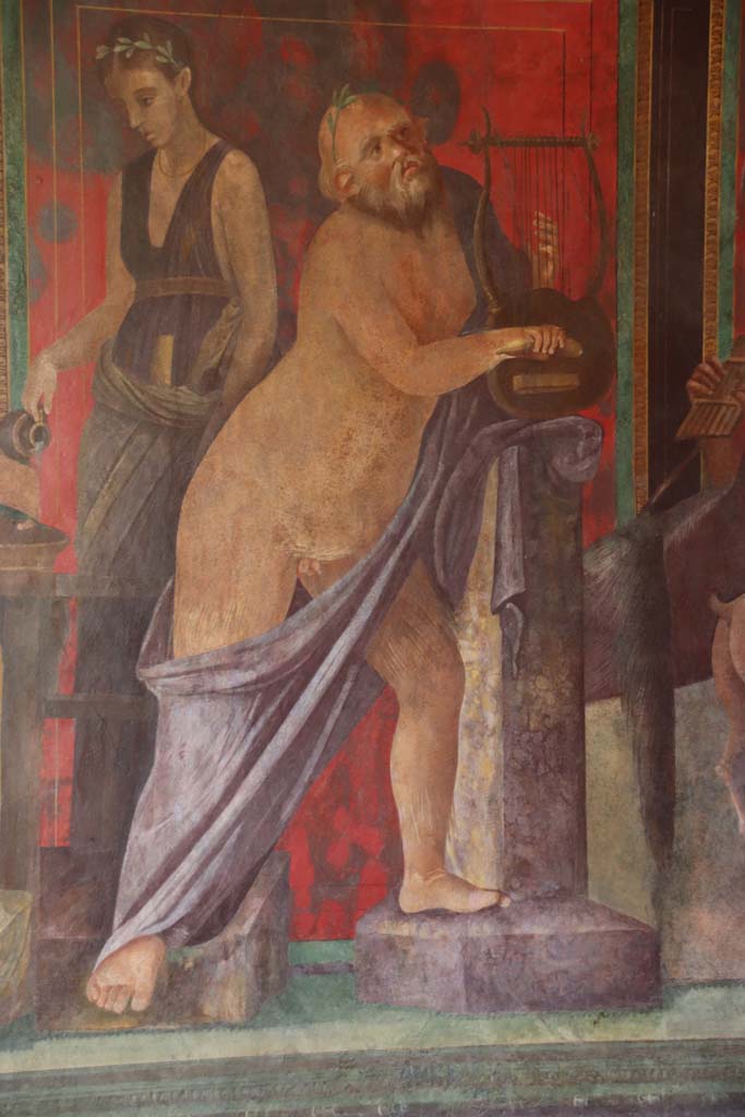 Villa of Mysteries, Pompeii. September 2021.
Room 5, Silenus playing the lyre, detail from north wall. Photo courtesy of Klaus Heese.