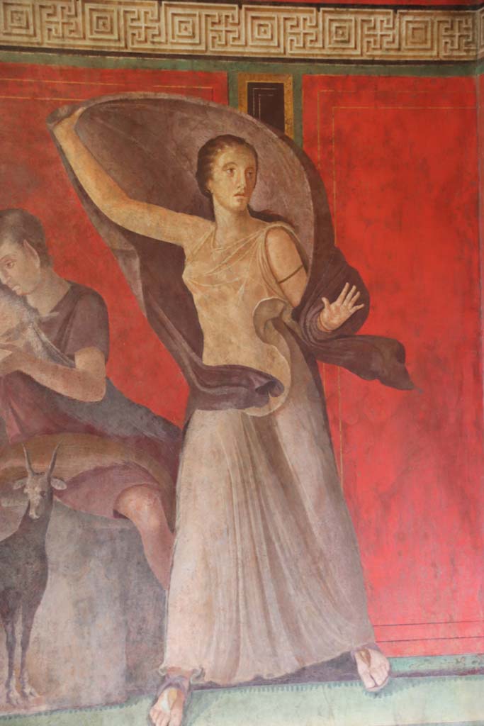 Villa of Mysteries, Pompeii. September 2021.
Room 5, a maenad, who animated the processions of Dionysus, recoils in fear, figure from east end of north wall.
Photo courtesy of Klaus Heese.