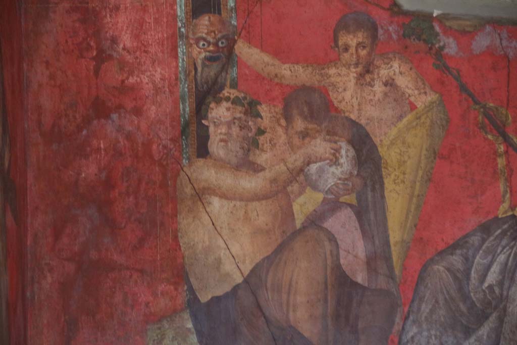 Villa of Mysteries, Pompeii. April 2014.
Room 5, detail of Satyrs from east wall of painting of Dionysian mystery, in north-east corner.
Photo courtesy of Klaus Heese.