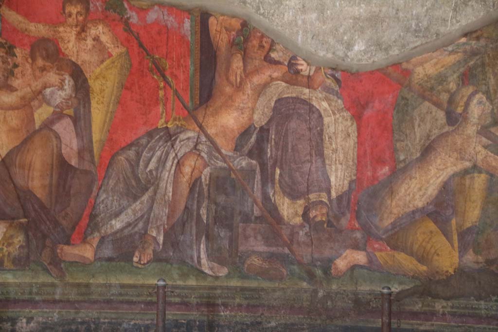 Villa of Mysteries, Pompeii. April 2014. Room 5, Dionysus and Ariadne in perfect union of the divine and the human worlds, detail from east wall.
Photo courtesy of Klaus Heese.