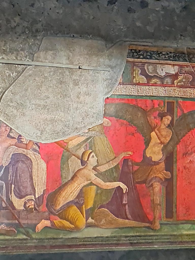 Villa of Mysteries, Pompeii. November 2023.
Room 5, detail on east wall at south end. Photo courtesy of Giuseppe Ciaramella.