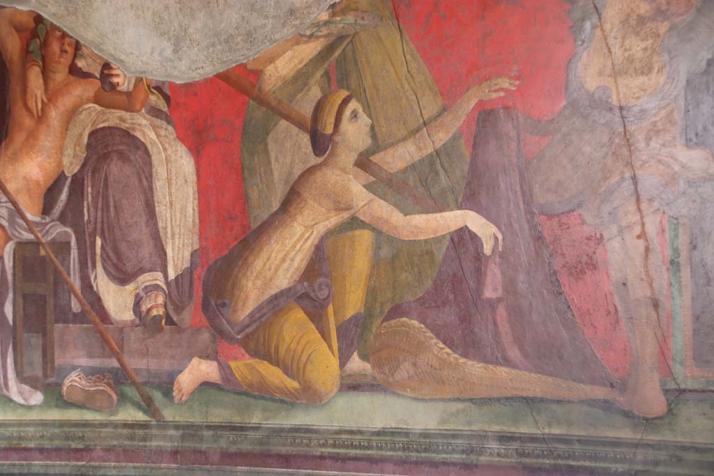 Villa of Mysteries, Pompeii. September 2021.
Room 5, the unveiling of the phallus, a symbol of the power of nature to create. Detail on east wall at south end.
Photo courtesy of Klaus Heese.